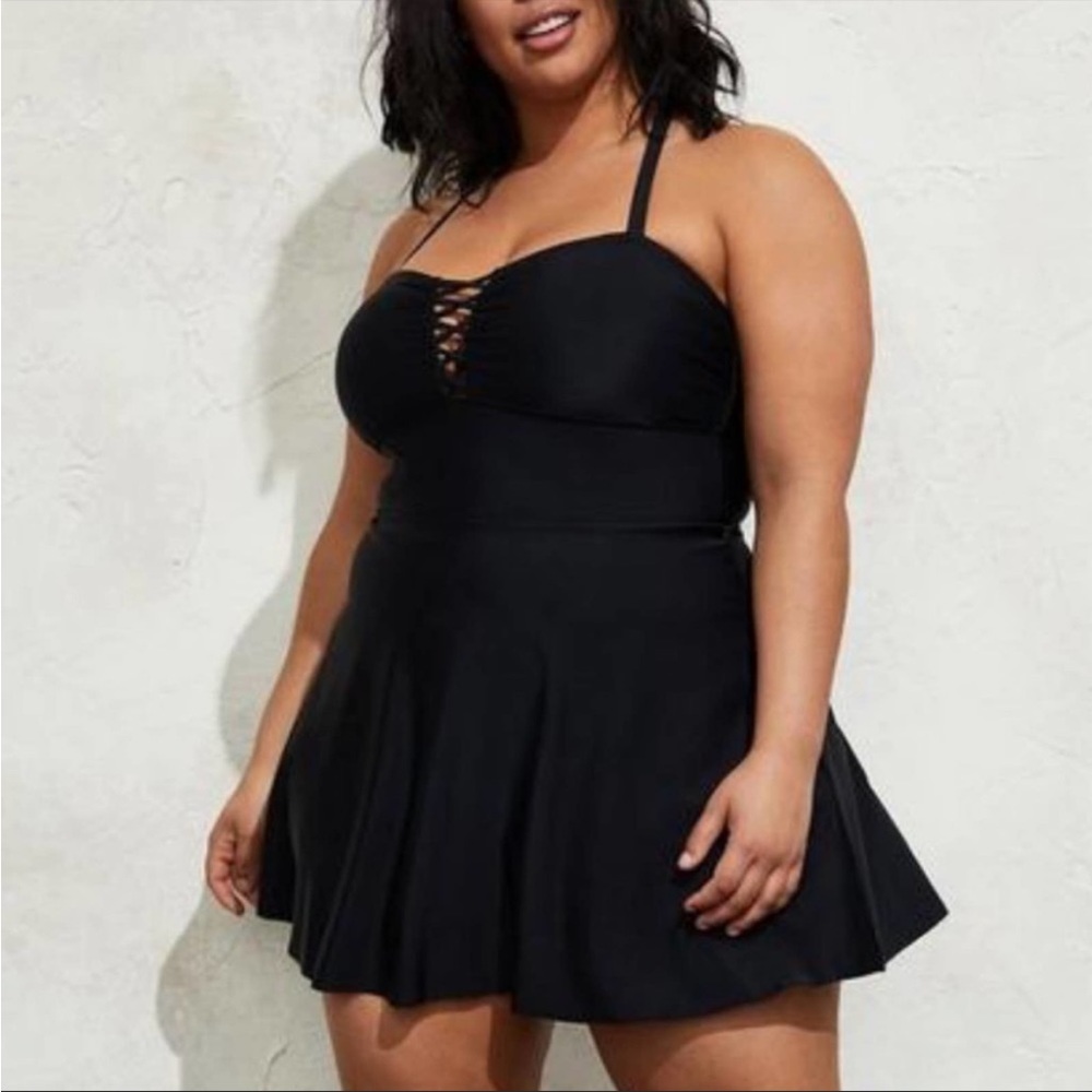 Long Black lattice swim dress